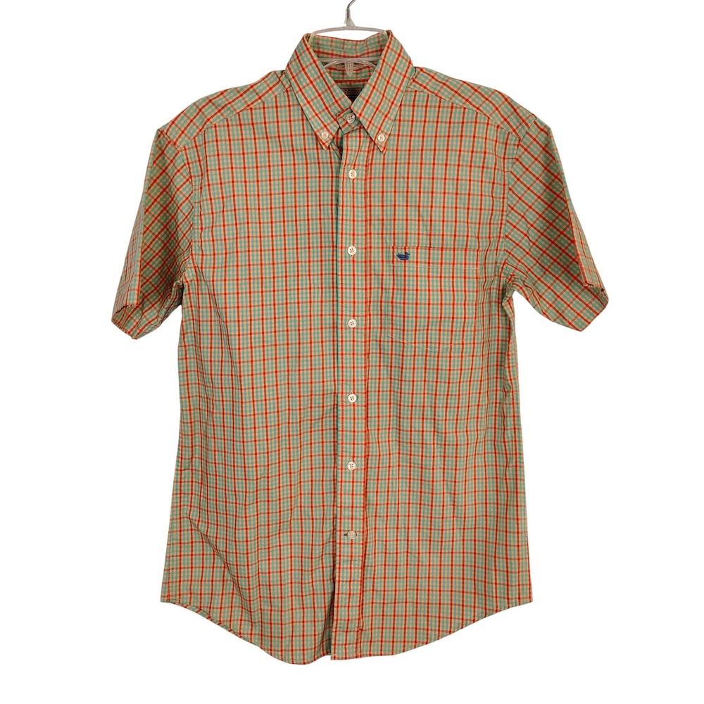 Southern Marsh Mens Small Short Sleeve Button Down Plaid Check Shirt Orange Blue